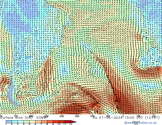 Surface wind (bft) ECMWF Sa 01.06.2024 15 UTC