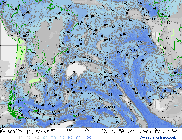 Humidité rel. 850 hPa ECMWF dim 02.06.2024 00 UTC