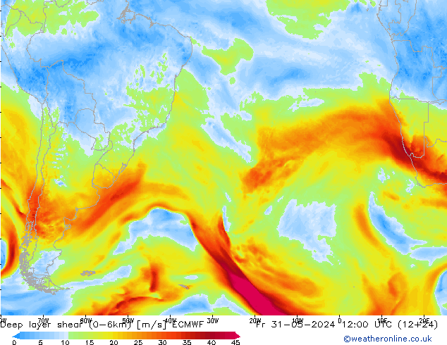 Deep layer shear (0-6km) ECMWF пт 31.05.2024 12 UTC