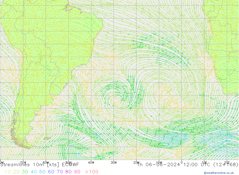 Streamlines 10m ECMWF Čt 06.06.2024 12 UTC
