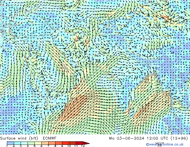 Surface wind (bft) ECMWF Mo 03.06.2024 12 UTC