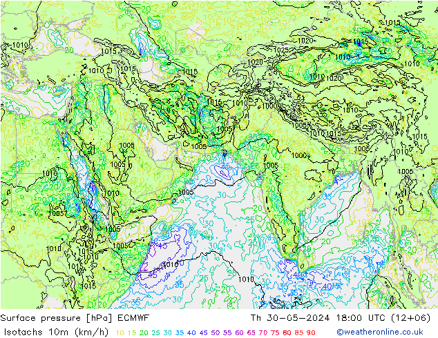 Isotachs (kph) ECMWF Čt 30.05.2024 18 UTC