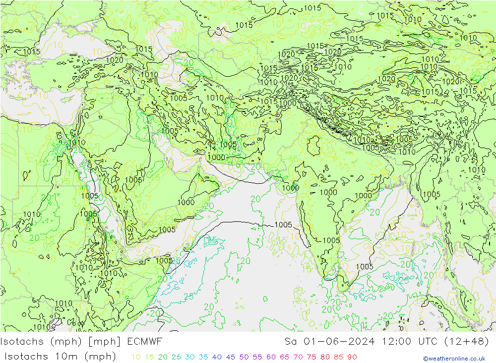 Isotachs (mph) ECMWF sab 01.06.2024 12 UTC