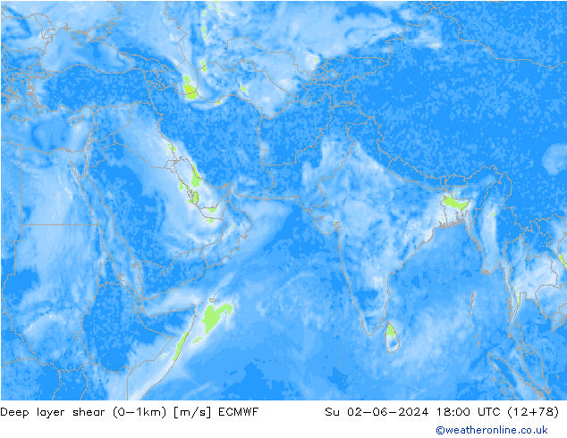 Deep layer shear (0-1km) ECMWF Ne 02.06.2024 18 UTC