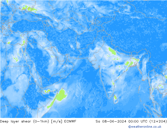 Deep layer shear (0-1km) ECMWF Sáb 08.06.2024 00 UTC