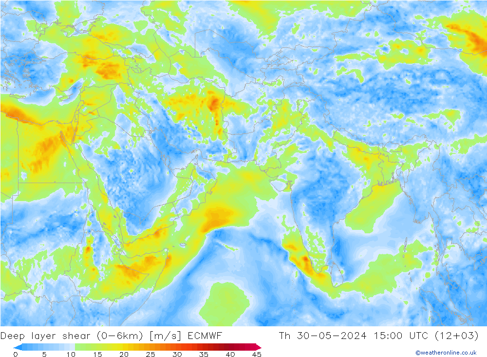 Deep layer shear (0-6km) ECMWF чт 30.05.2024 15 UTC