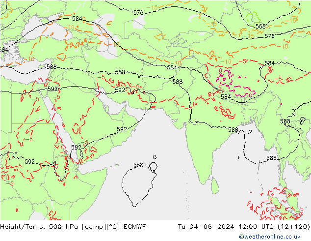 Height/Temp. 500 hPa ECMWF Tu 04.06.2024 12 UTC