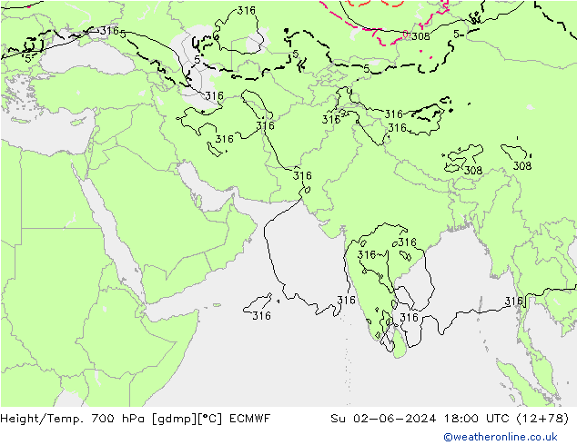 Yükseklik/Sıc. 700 hPa ECMWF Paz 02.06.2024 18 UTC