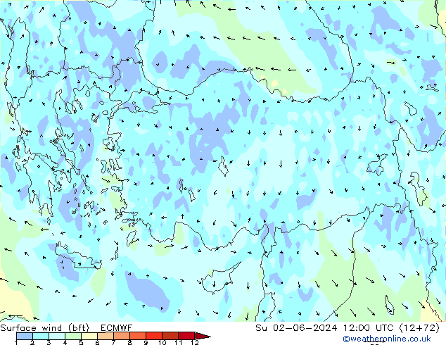 Vento 10 m (bft) ECMWF Dom 02.06.2024 12 UTC