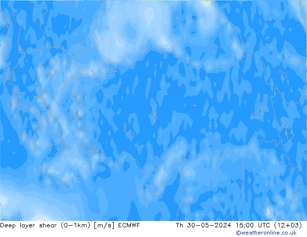 Deep layer shear (0-1km) ECMWF jue 30.05.2024 15 UTC