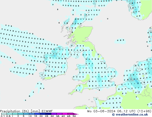 Precipitation (6h) ECMWF Po 03.06.2024 12 UTC