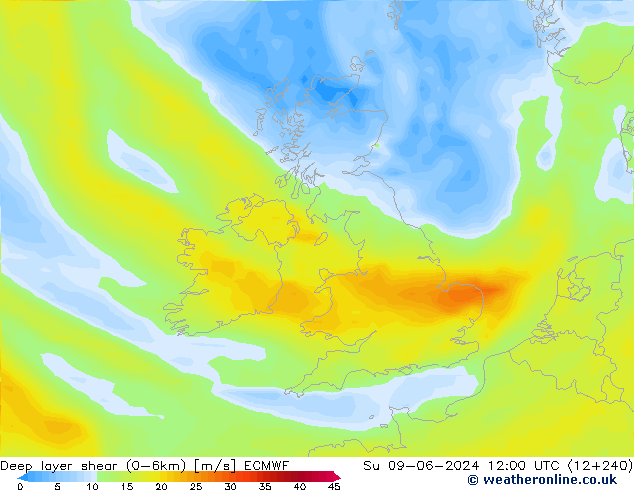 Deep layer shear (0-6km) ECMWF Вс 09.06.2024 12 UTC