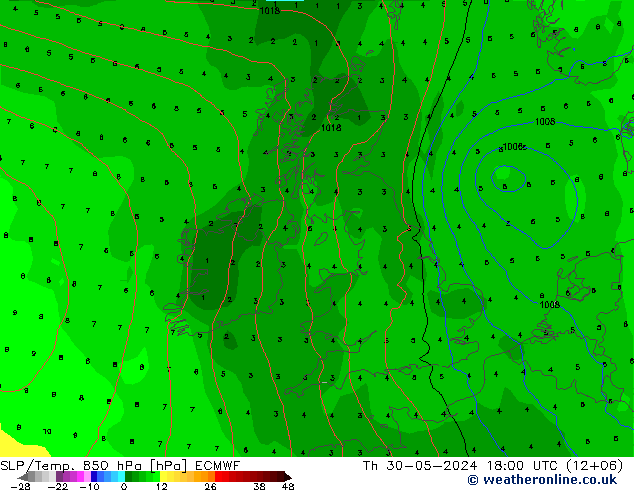 SLP/Temp. 850 гПа ECMWF чт 30.05.2024 18 UTC