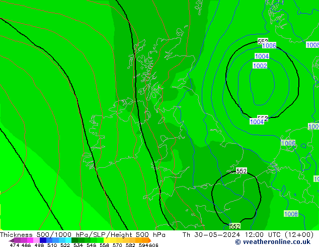 Dikte 500-1000hPa ECMWF do 30.05.2024 12 UTC