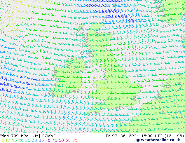 Wind 700 hPa ECMWF Fr 07.06.2024 18 UTC