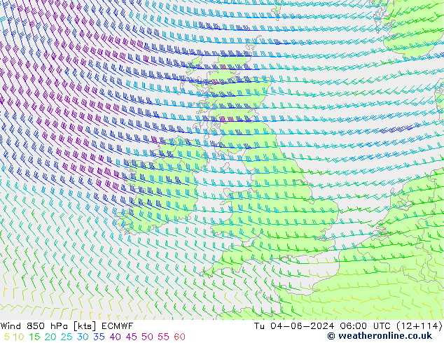 Wind 850 hPa ECMWF Út 04.06.2024 06 UTC