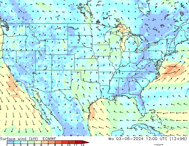 Surface wind (bft) ECMWF Mo 03.06.2024 12 UTC