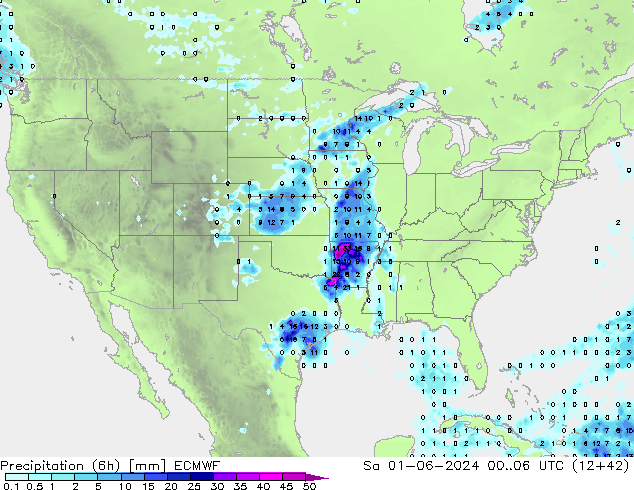 Precipitation (6h) ECMWF Sa 01.06.2024 06 UTC