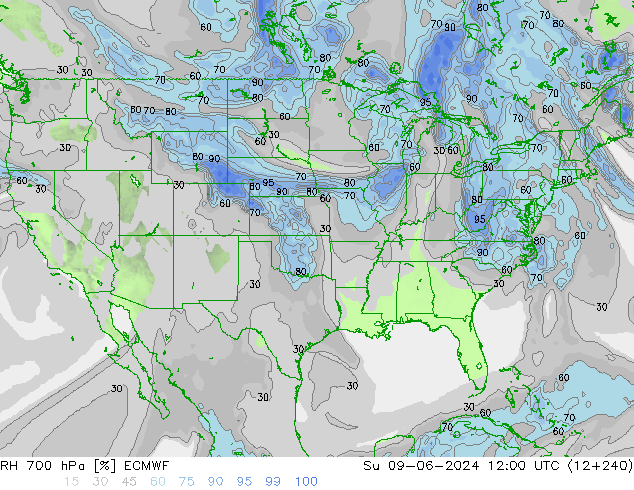 RH 700 hPa ECMWF nie. 09.06.2024 12 UTC