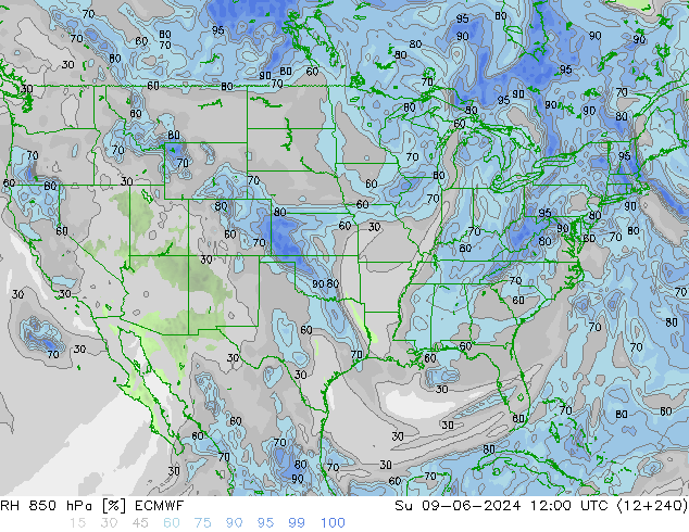 Humidité rel. 850 hPa ECMWF dim 09.06.2024 12 UTC