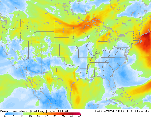 Deep layer shear (0-6km) ECMWF Sa 01.06.2024 18 UTC