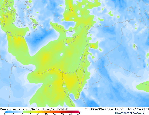 Deep layer shear (0-6km) ECMWF sab 08.06.2024 12 UTC