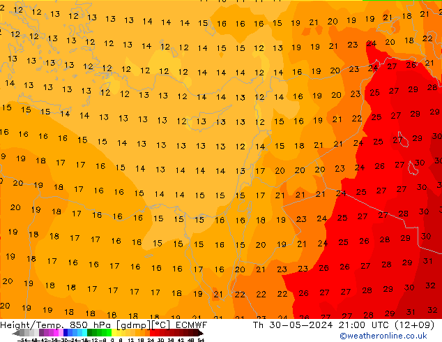 Height/Temp. 850 hPa ECMWF Th 30.05.2024 21 UTC