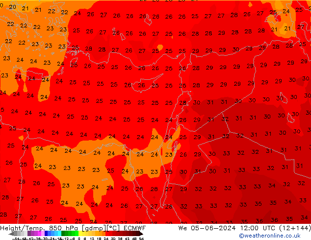 Height/Temp. 850 hPa ECMWF Qua 05.06.2024 12 UTC