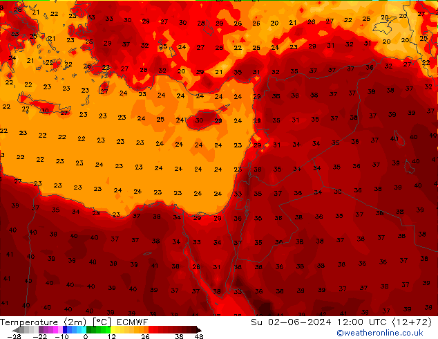 Temperature (2m) ECMWF Su 02.06.2024 12 UTC