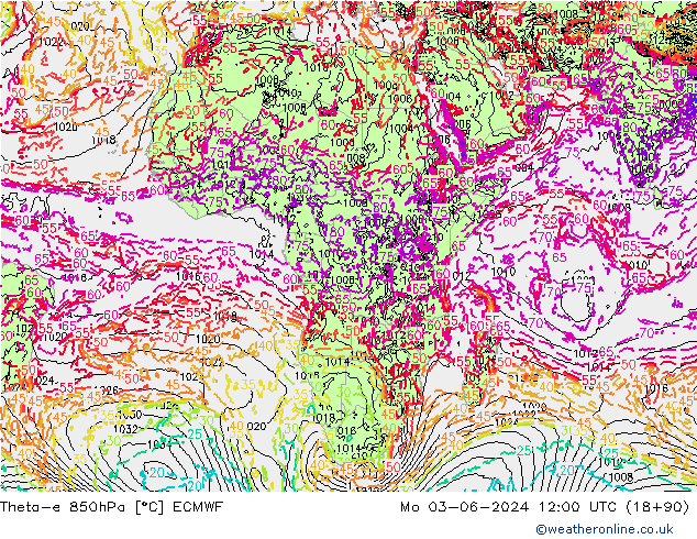 Theta-e 850hPa ECMWF Mo 03.06.2024 12 UTC