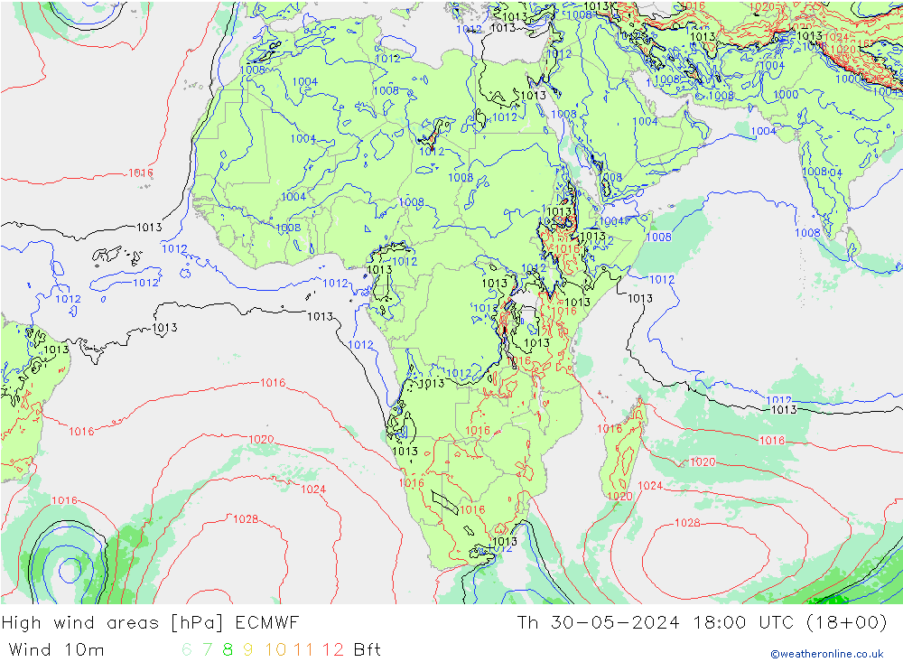 High wind areas ECMWF Čt 30.05.2024 18 UTC