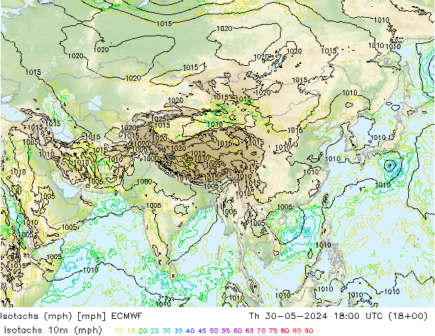 Isotachs (mph) ECMWF Čt 30.05.2024 18 UTC