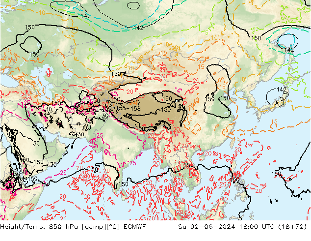 Height/Temp. 850 hPa ECMWF Su 02.06.2024 18 UTC