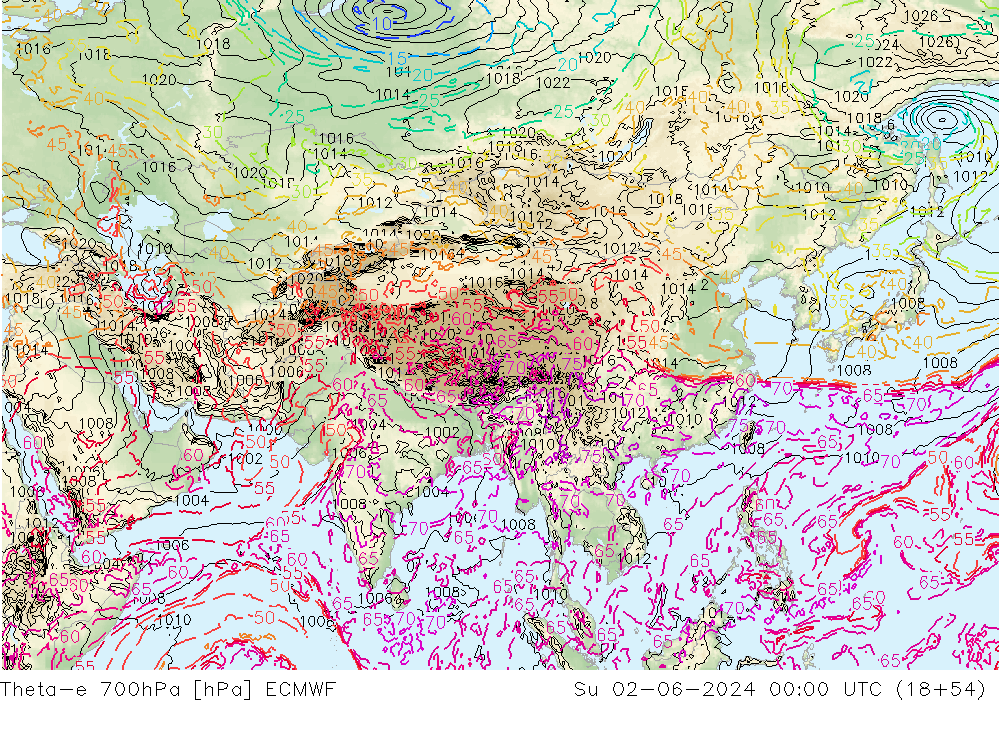 Theta-e 700hPa ECMWF zo 02.06.2024 00 UTC