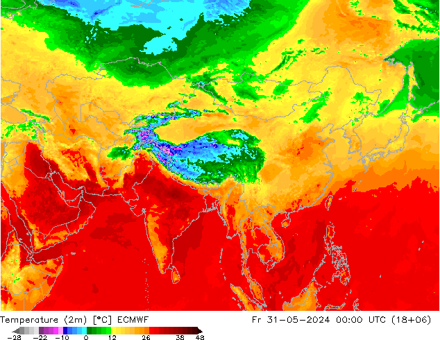 Temperatura (2m) ECMWF vie 31.05.2024 00 UTC