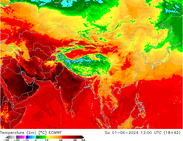 mapa temperatury (2m) ECMWF so. 01.06.2024 12 UTC