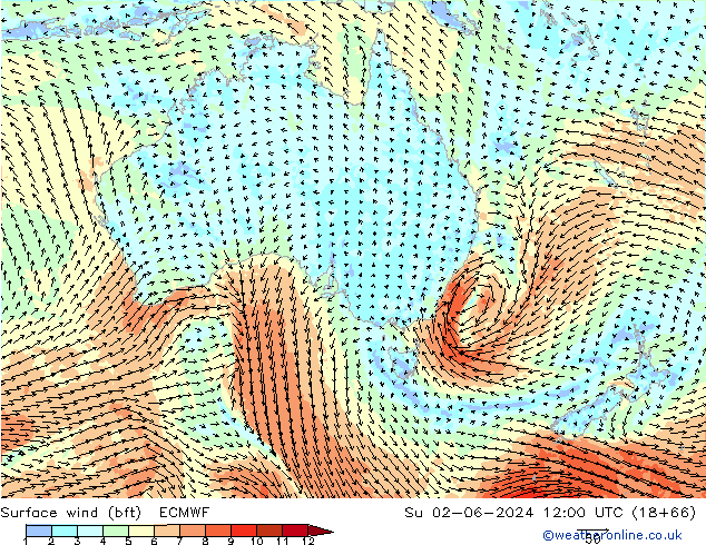 ве�Bе�@ 10 m (bft) ECMWF Вс 02.06.2024 12 UTC