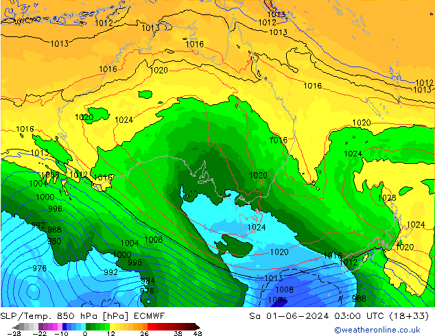 SLP/Temp. 850 hPa ECMWF sam 01.06.2024 03 UTC