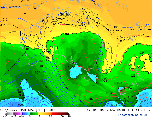 SLP/Temp. 850 hPa ECMWF nie. 02.06.2024 06 UTC