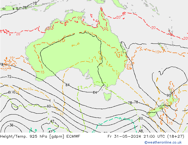 Height/Temp. 925 hPa ECMWF Pá 31.05.2024 21 UTC