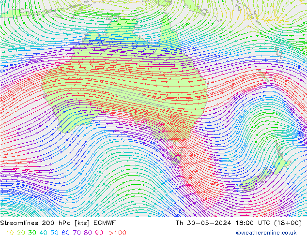 Linea di flusso 200 hPa ECMWF gio 30.05.2024 18 UTC