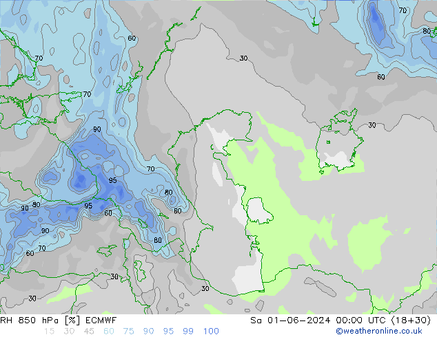 RH 850 hPa ECMWF so. 01.06.2024 00 UTC