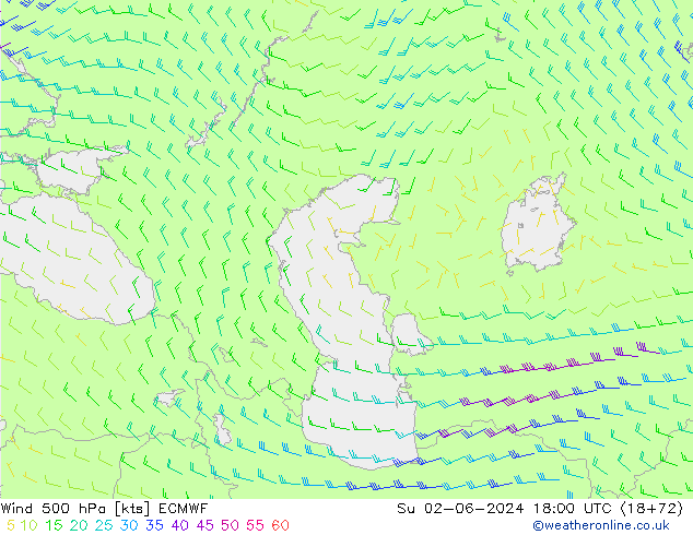 Vento 500 hPa ECMWF dom 02.06.2024 18 UTC