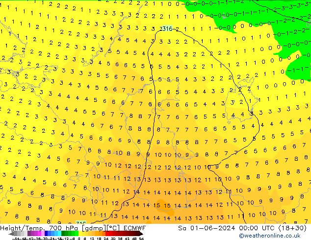 Height/Temp. 700 hPa ECMWF so. 01.06.2024 00 UTC