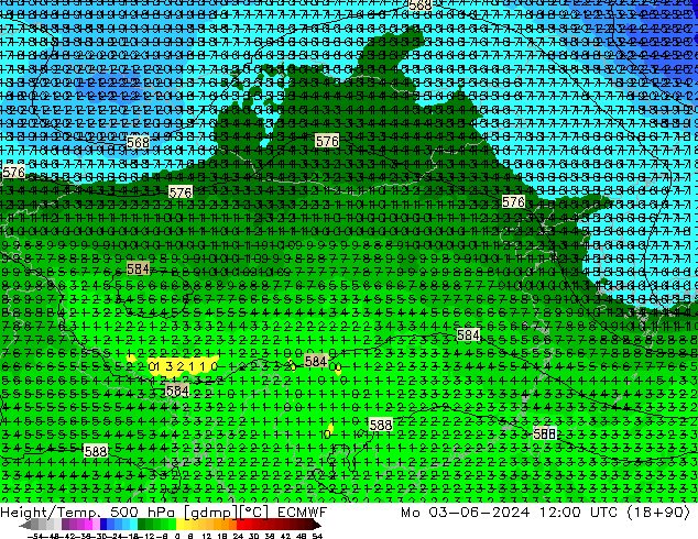 Height/Temp. 500 hPa ECMWF pon. 03.06.2024 12 UTC