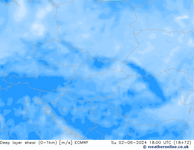 Deep layer shear (0-1km) ECMWF zo 02.06.2024 18 UTC