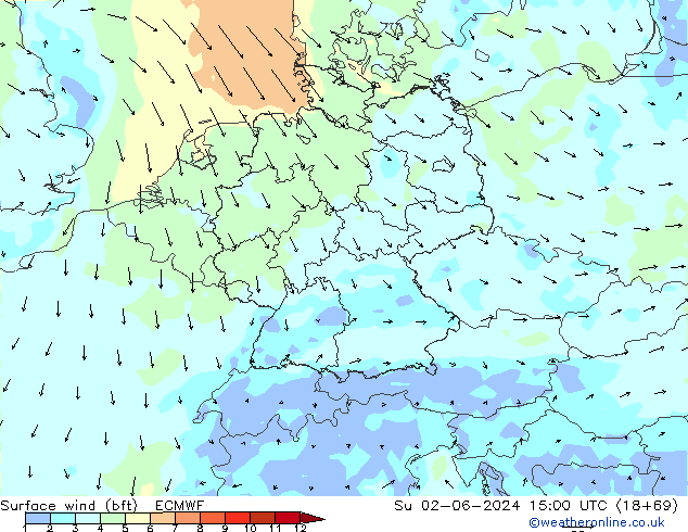 Surface wind (bft) ECMWF Su 02.06.2024 15 UTC