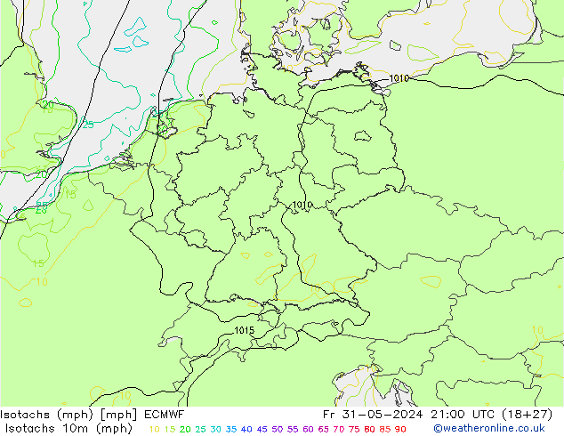 Isotachen (mph) ECMWF Fr 31.05.2024 21 UTC