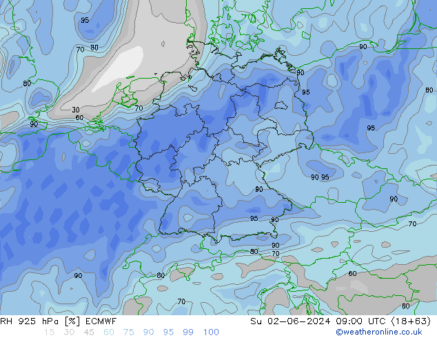 RH 925 hPa ECMWF dom 02.06.2024 09 UTC