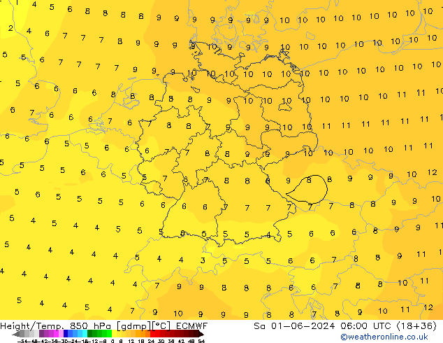 Height/Temp. 850 hPa ECMWF Sa 01.06.2024 06 UTC